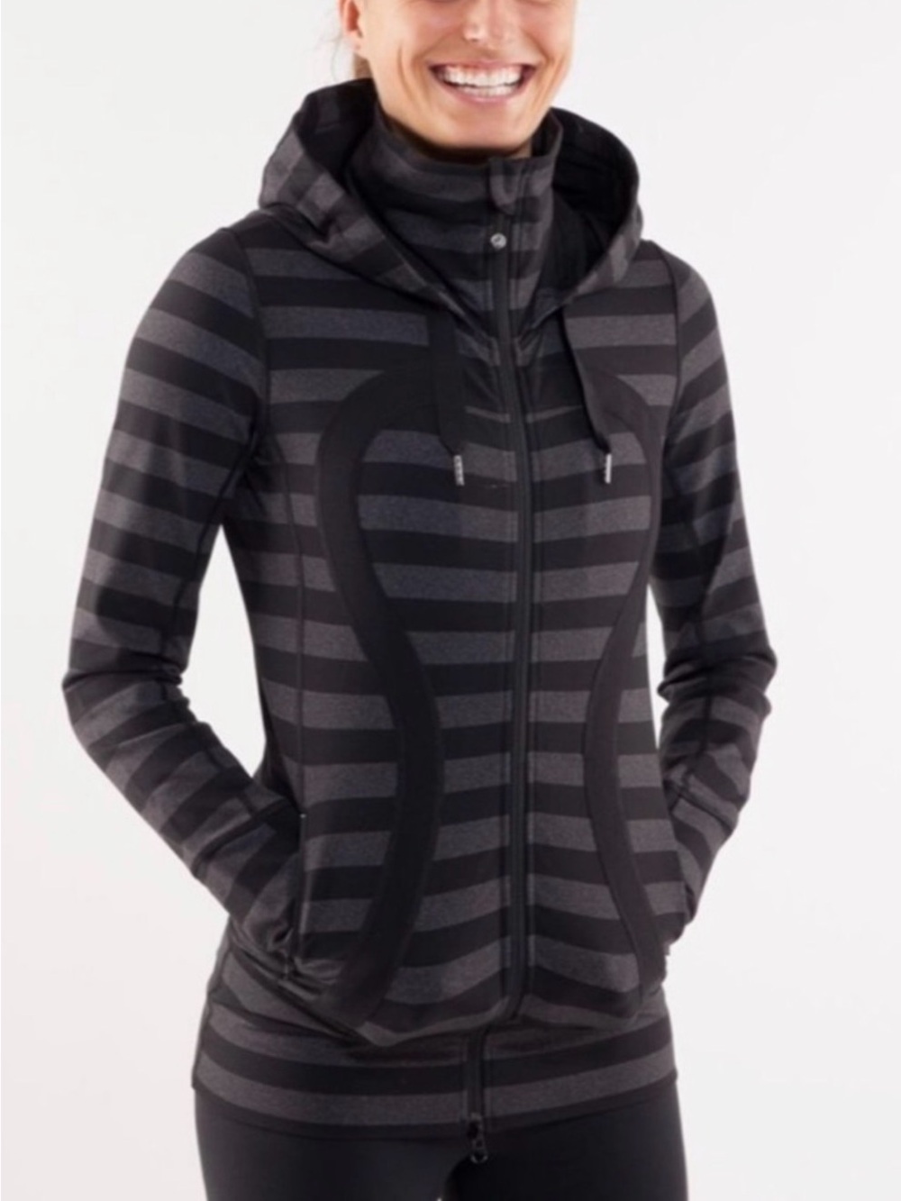 Lululemon Full Zip Hooded Stride Jacket Black Grey Micro Macro Stripe - Sz Small